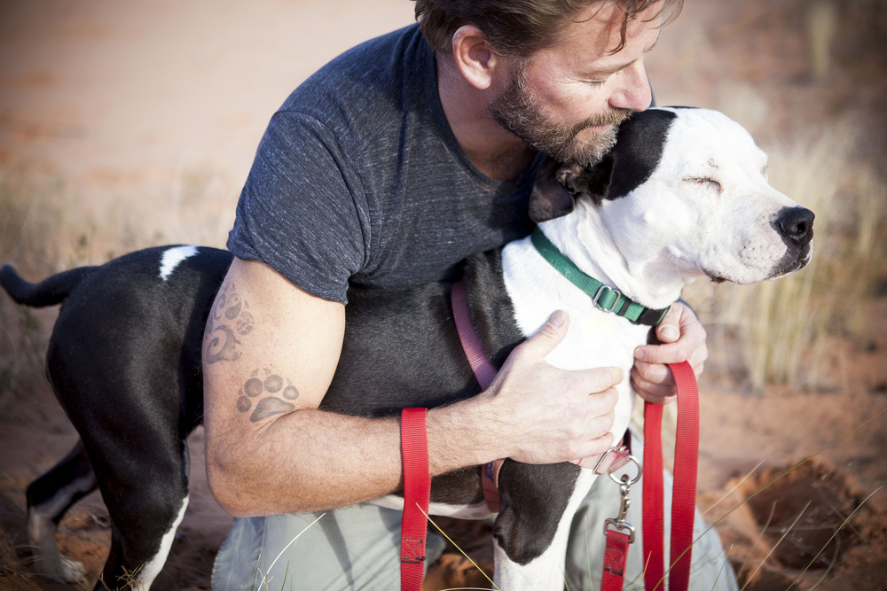 a man with his dog on a baseball field